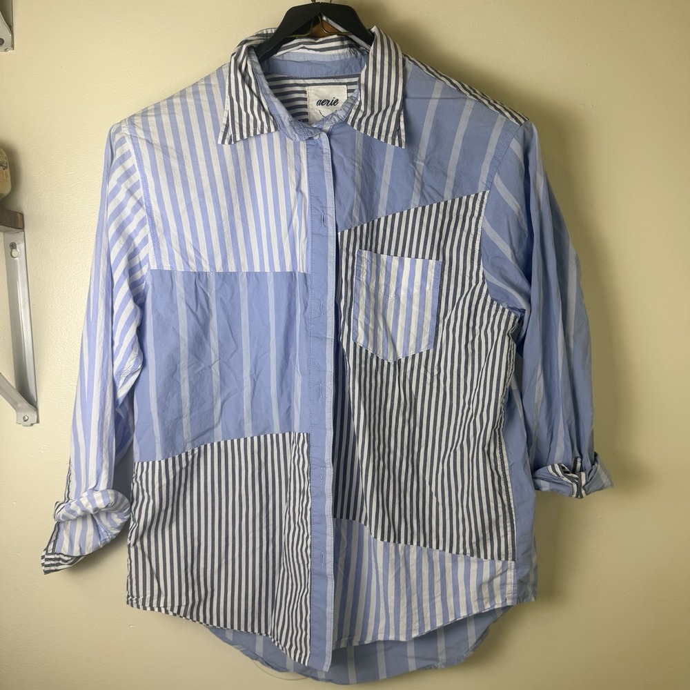 Aerie Patchwork Striped Button Down Shirt Blue Oversized Sm Preppy Button Sleeve